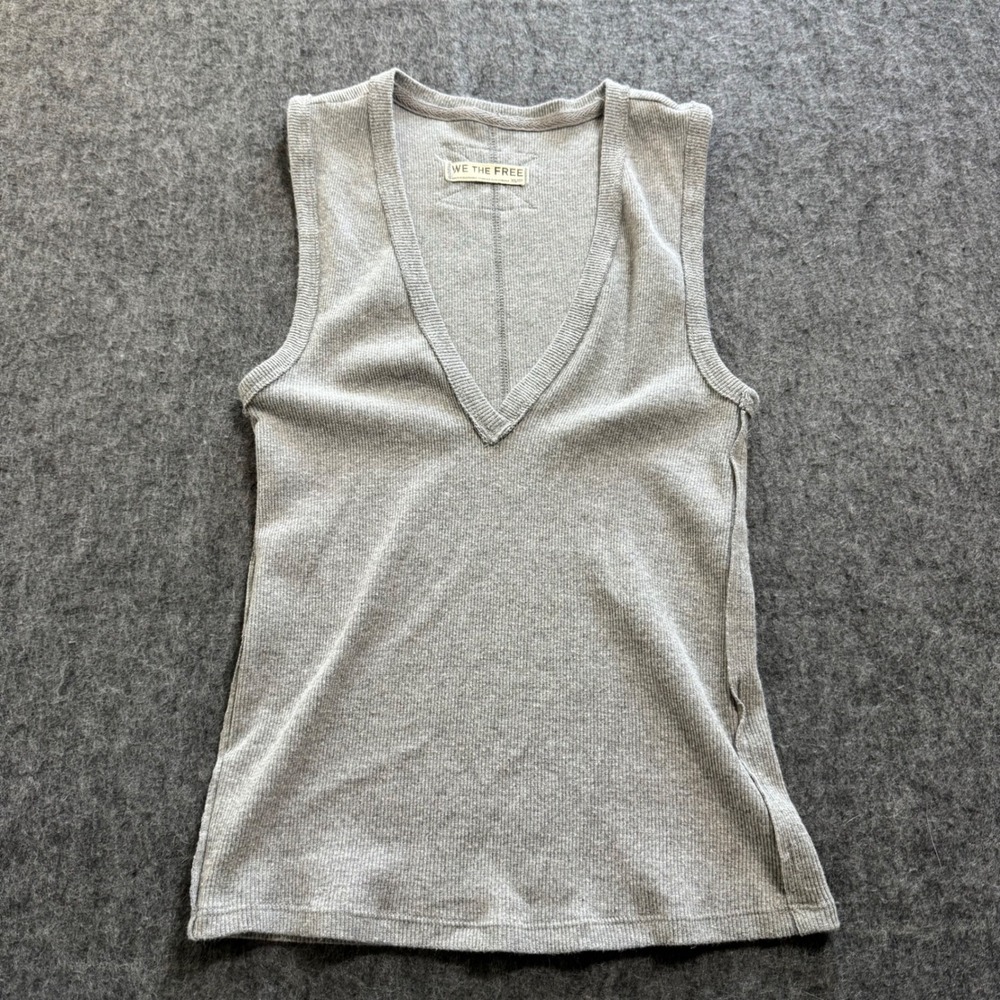 We The Free Free People Ribbed V-Neck Tank Top Heather Gray XS